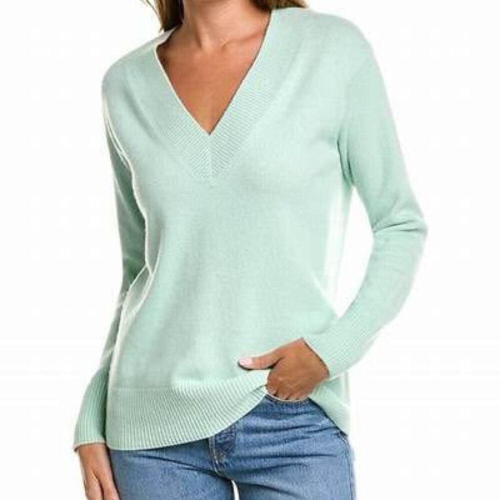 NWT Vince Wide V-Neck Wool Cashmere Sweater Aqua Green Small